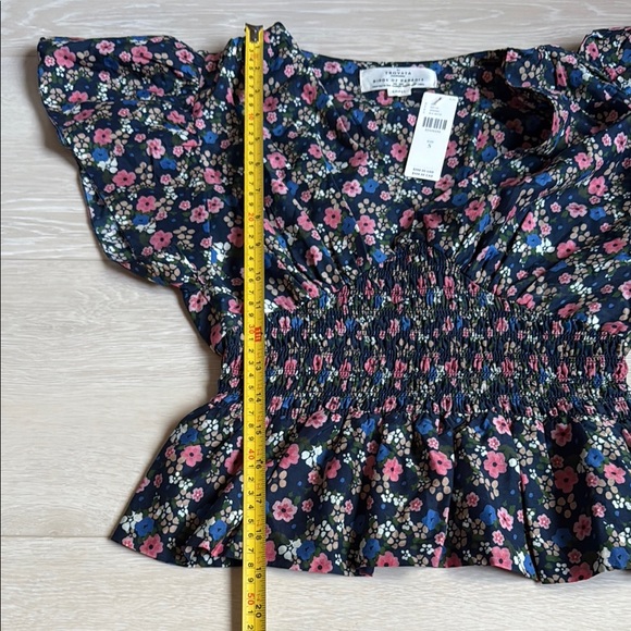Trovata Birds of Paradis Floral Smocked Blue Pink Peplum Blouse Cap Sleeves - Picture 10 of 10